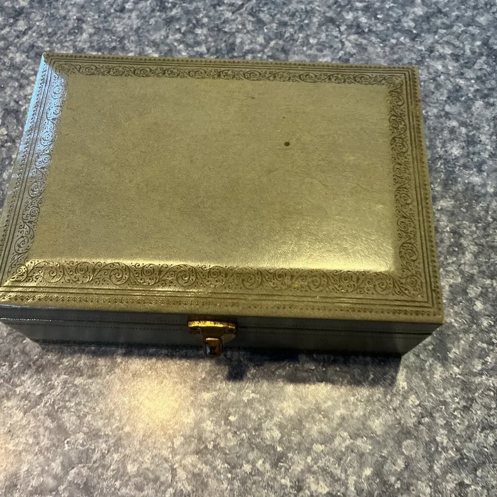 Vintage Blue Mele 2 Tier Leather Gold Trim Jewelry Box Baby Blue Velvet MCM Nice